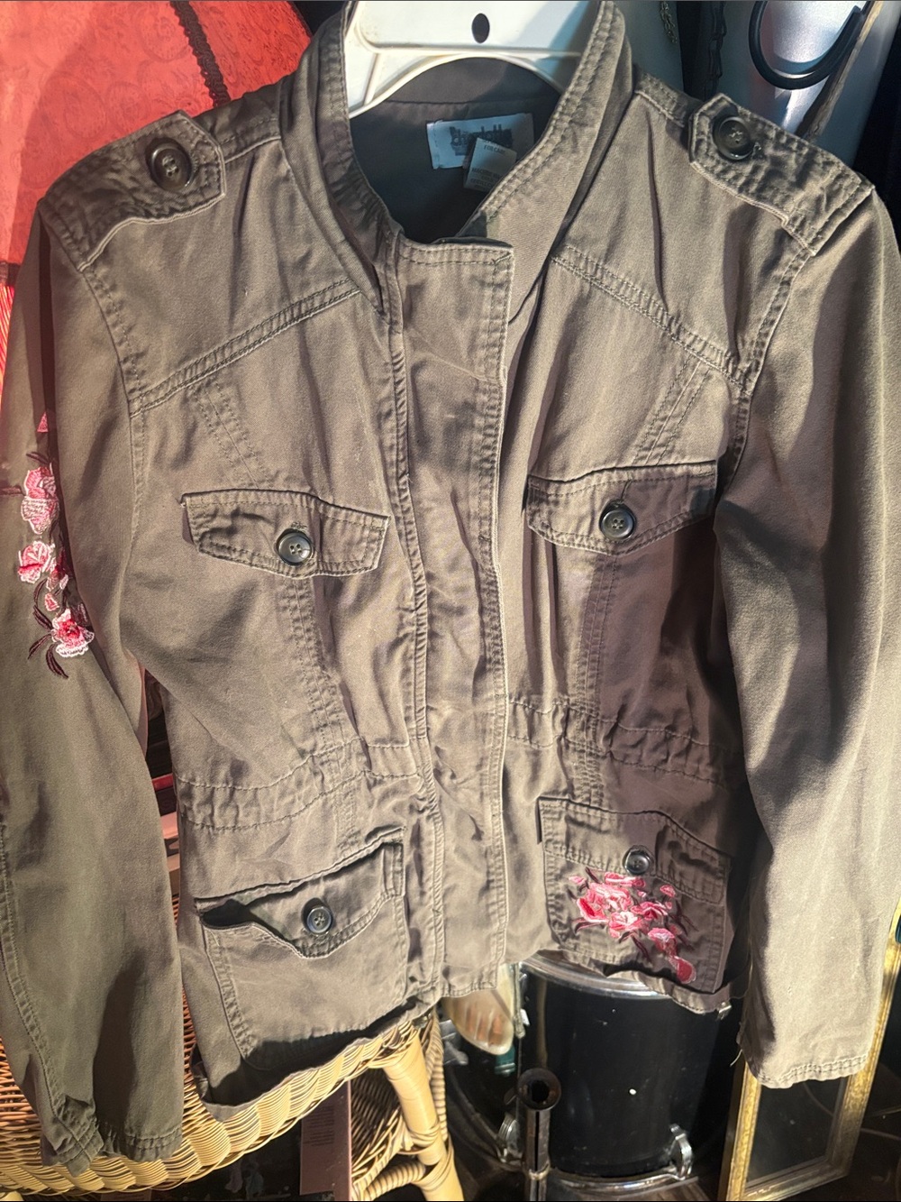 Charlotte Russe Olive Green Utility Jacket with Pink Floral Embroidery